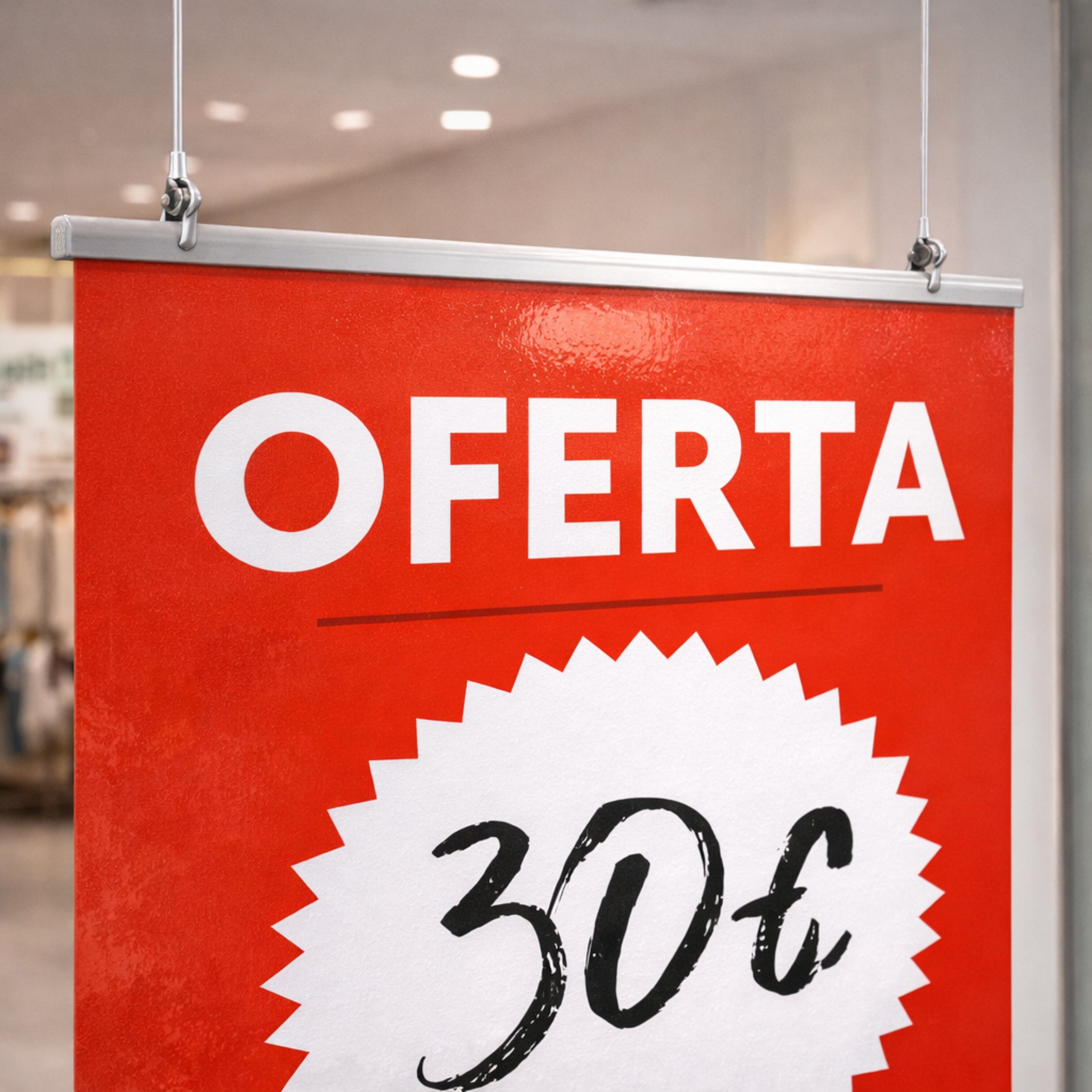 Cartel Banderola Colgante “OFERTA” 50x60 cm – Cartel para Escaparate y Tiendas con Zona Editable