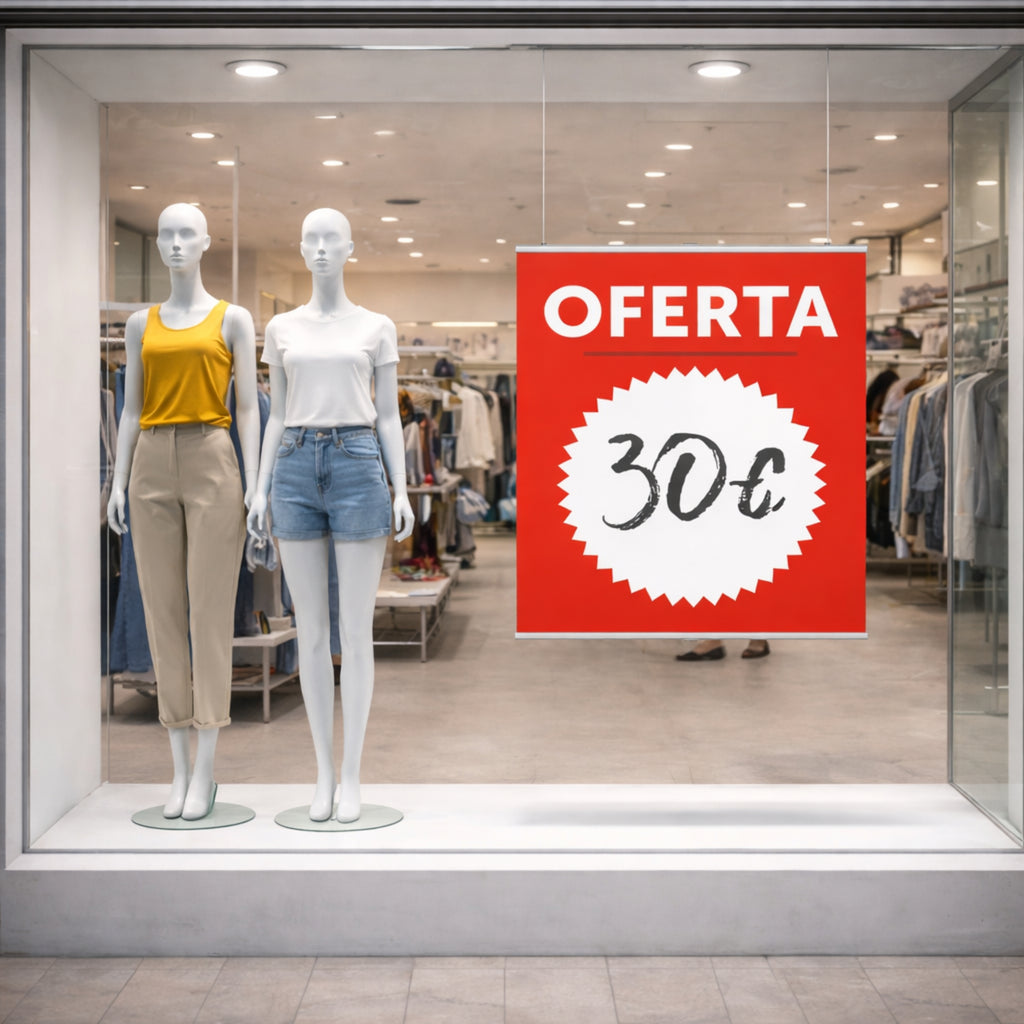 Cartel Banderola Colgante “OFERTA” 50x60 cm – Cartel para Escaparate y Tiendas con Zona Editable