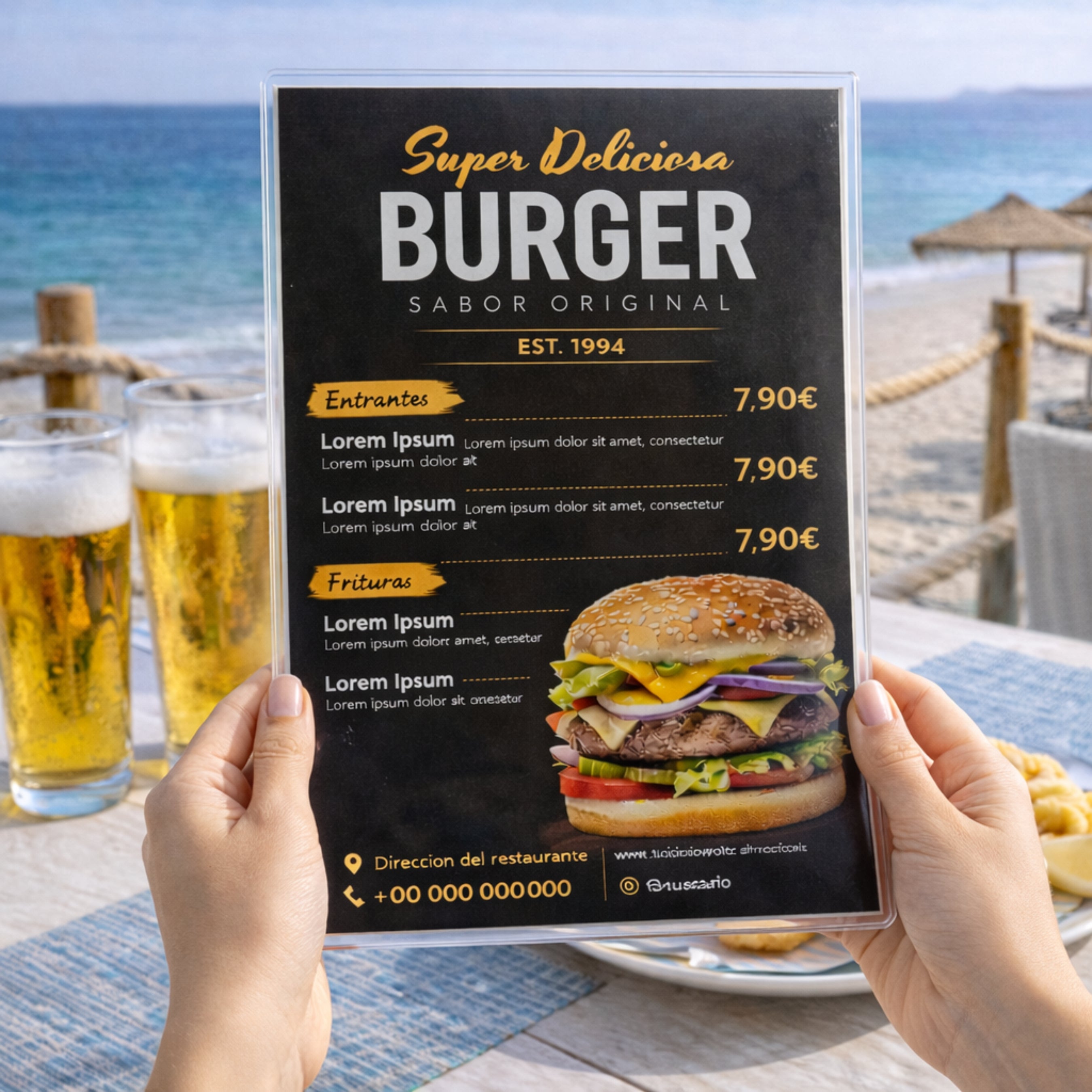 Cartas y Menús Plastificados Impermeables Personalizados para hostelería, hoteles, restaurantes, bares, cafeterías y beach clubs.
