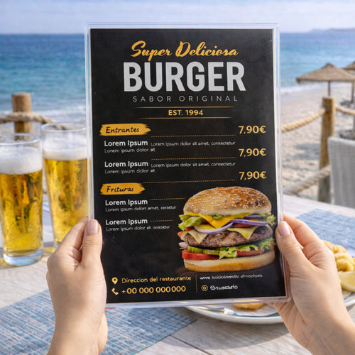 Cartas y Menús Plastificados Impermeables Personalizados para hostelería, hoteles, restaurantes, bares, cafeterías y beach clubs.