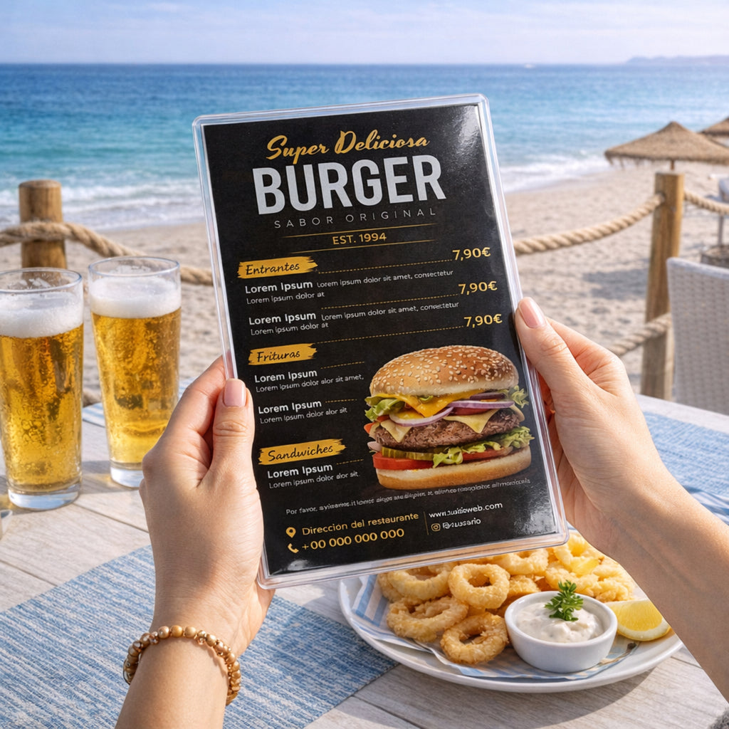Cartas y Menús Plastificados Impermeables Personalizados para hostelería, hoteles, restaurantes, bares, cafeterías y beach clubs.
