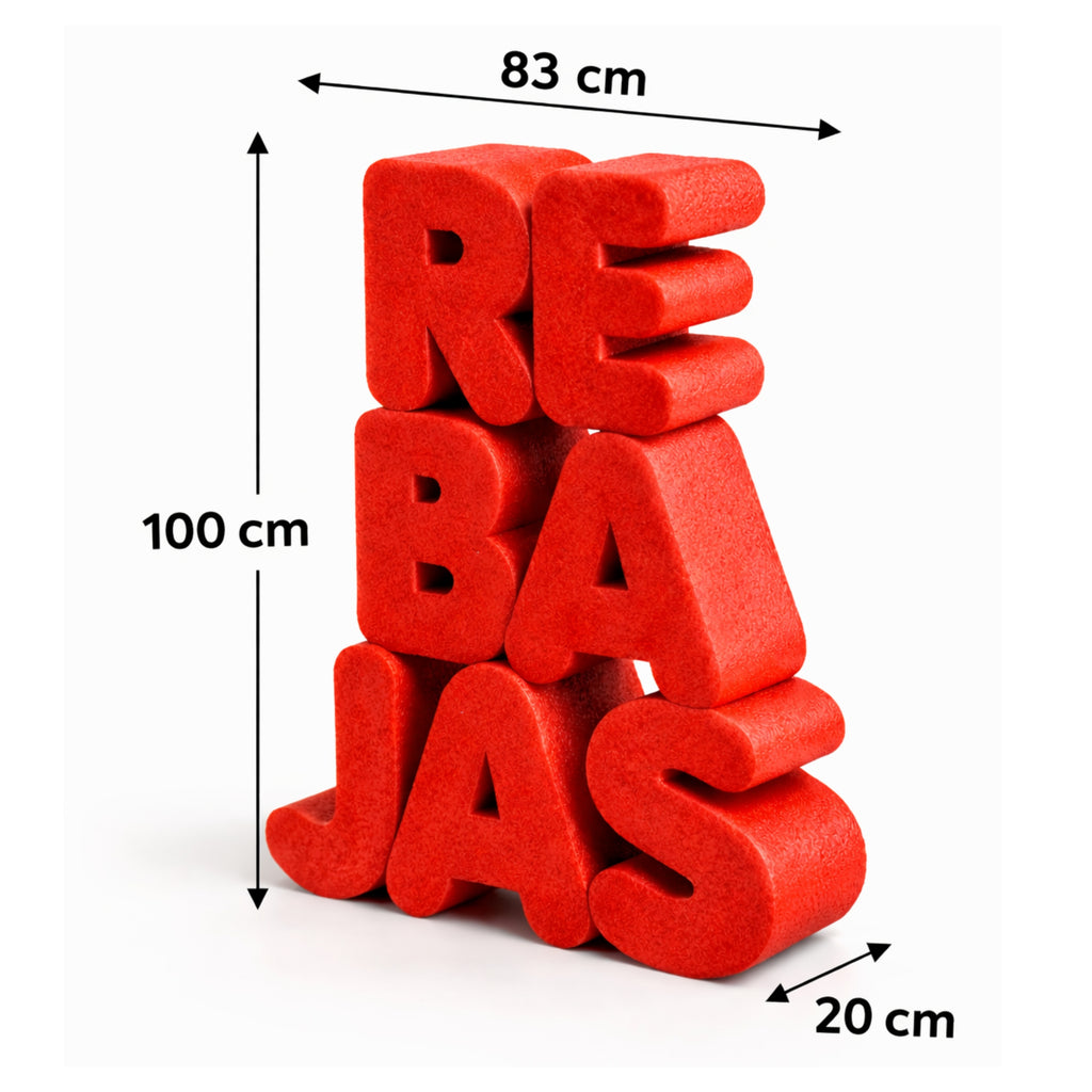 Letras Gigantes “REBAJAS” 100x83 cm  – Corcho Pintado Rojo para Escaparates y Tiendas